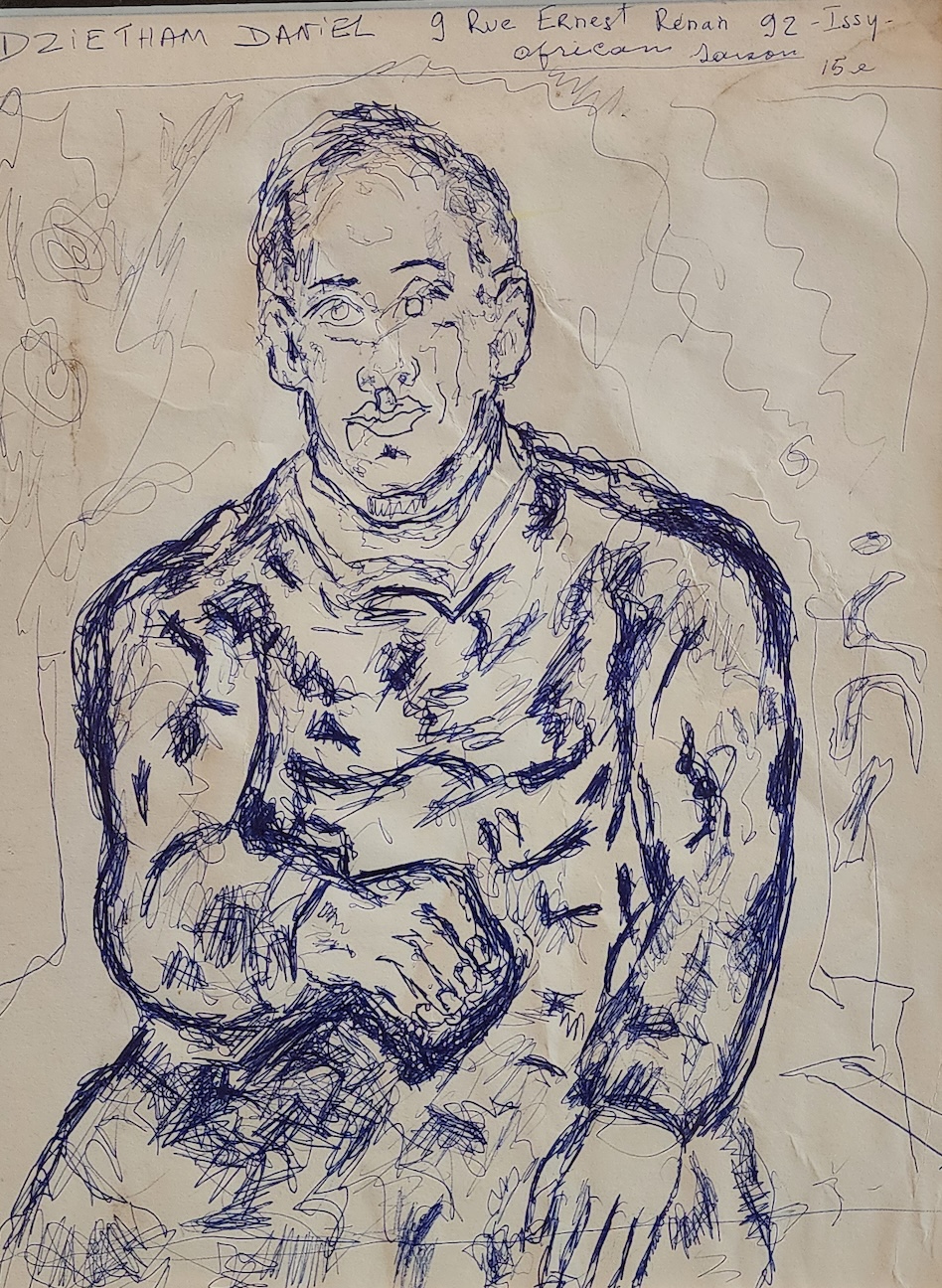 Blue ballpoint pen sketch of a seated man.