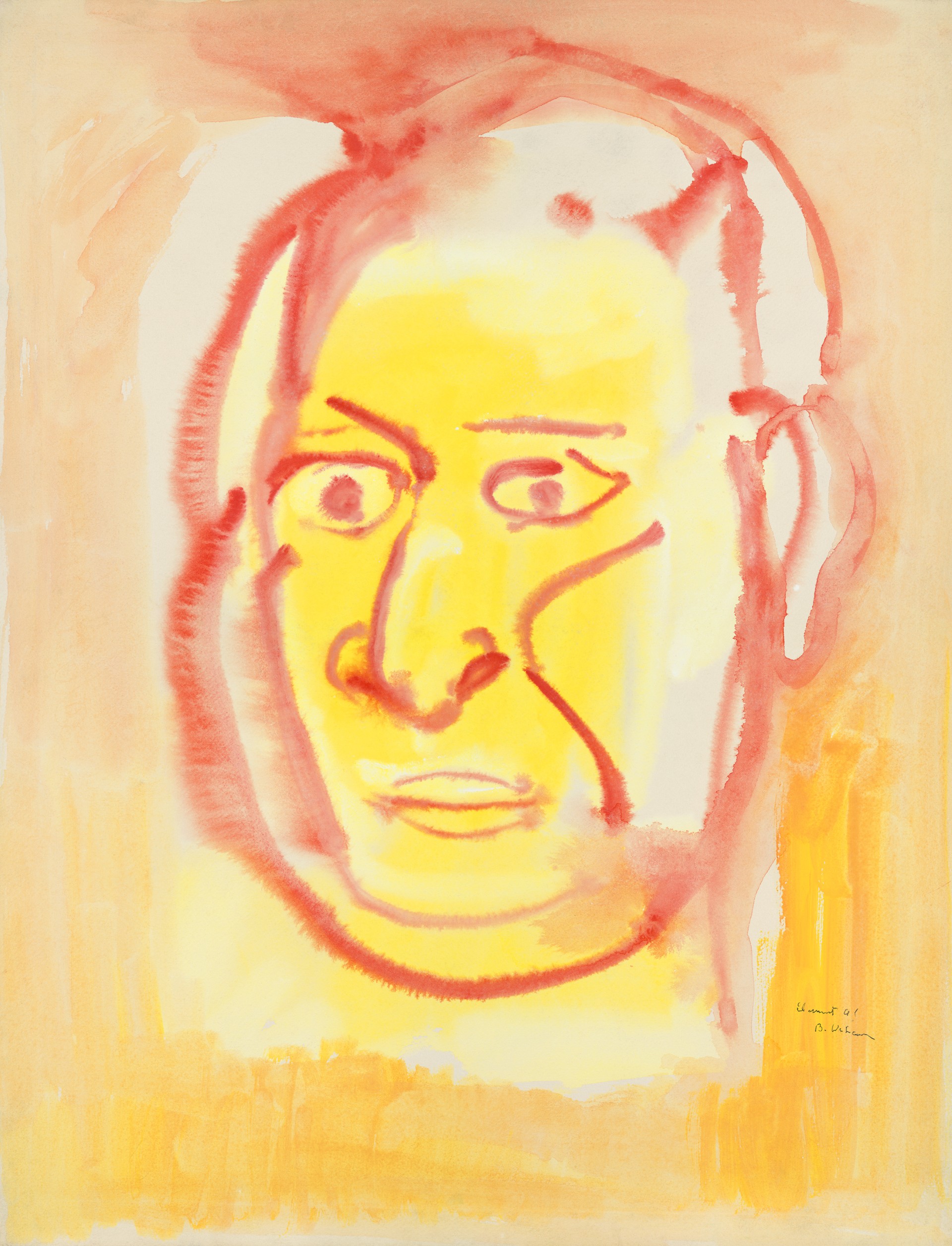 Orange and red watercolor portrait of a man